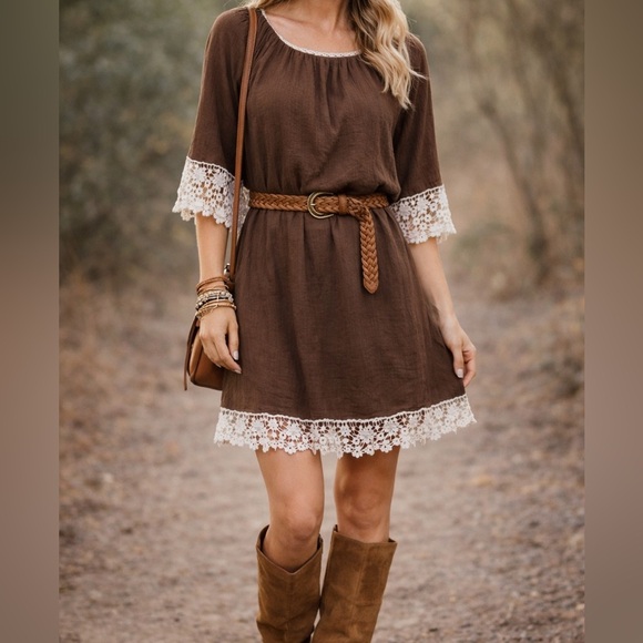 Umgee Dresses & Skirts - Umgee Boho Mini Dress Brown Lace Trim Flowy Peasant Cottagecore S